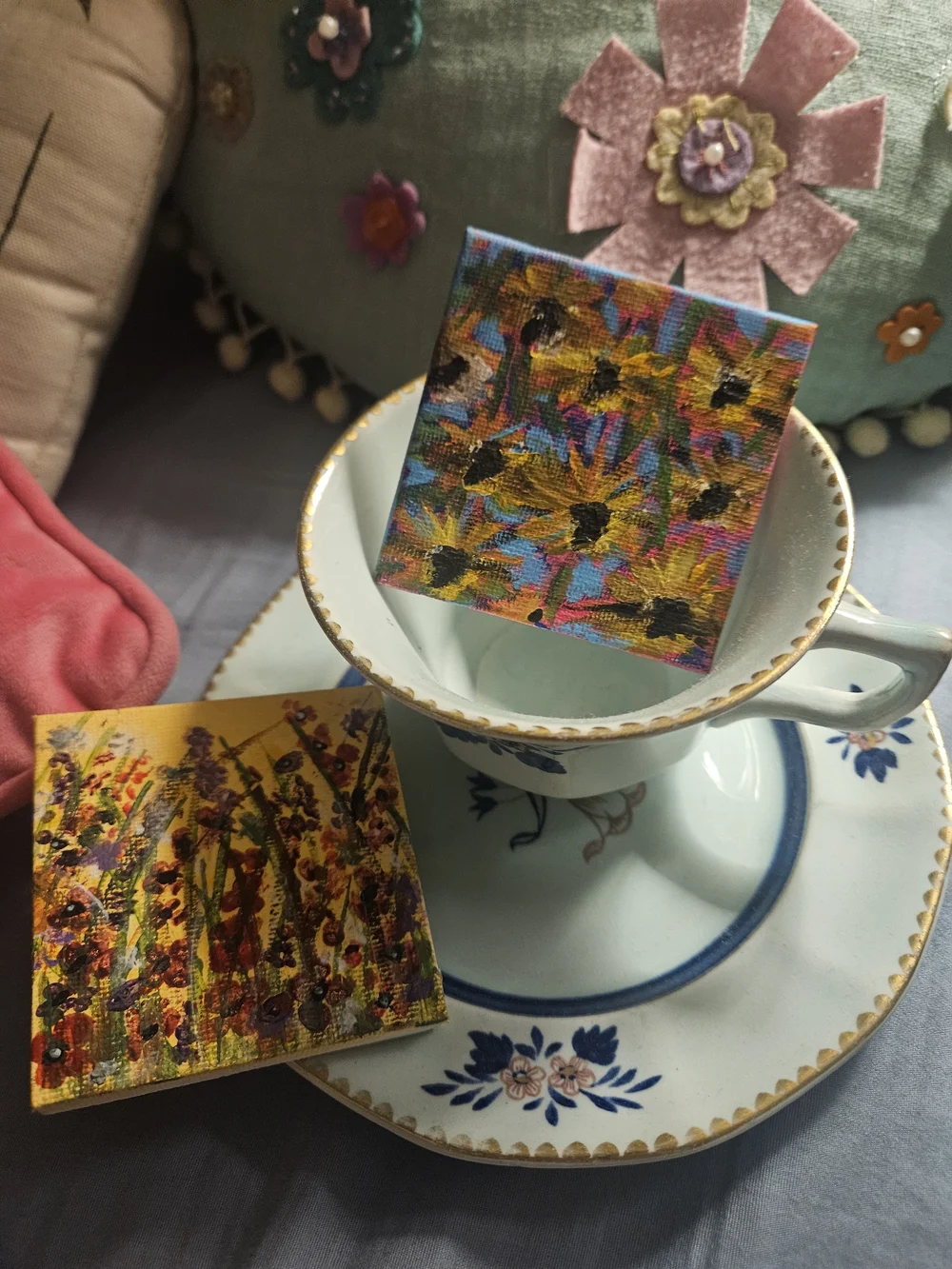 Set Of Two Handcrafted Mini Canvas flower Art - Yellow